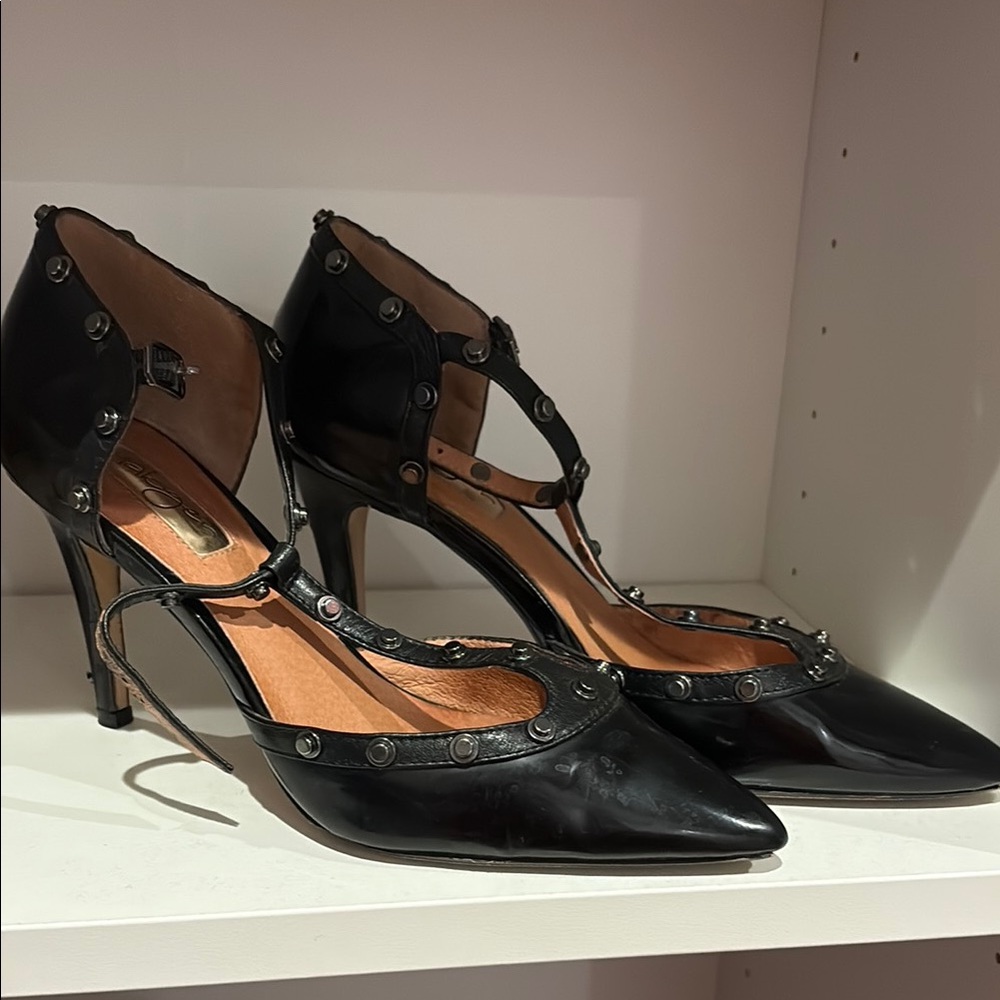 Halogen Black T-Strap Heels with Pointed Toe